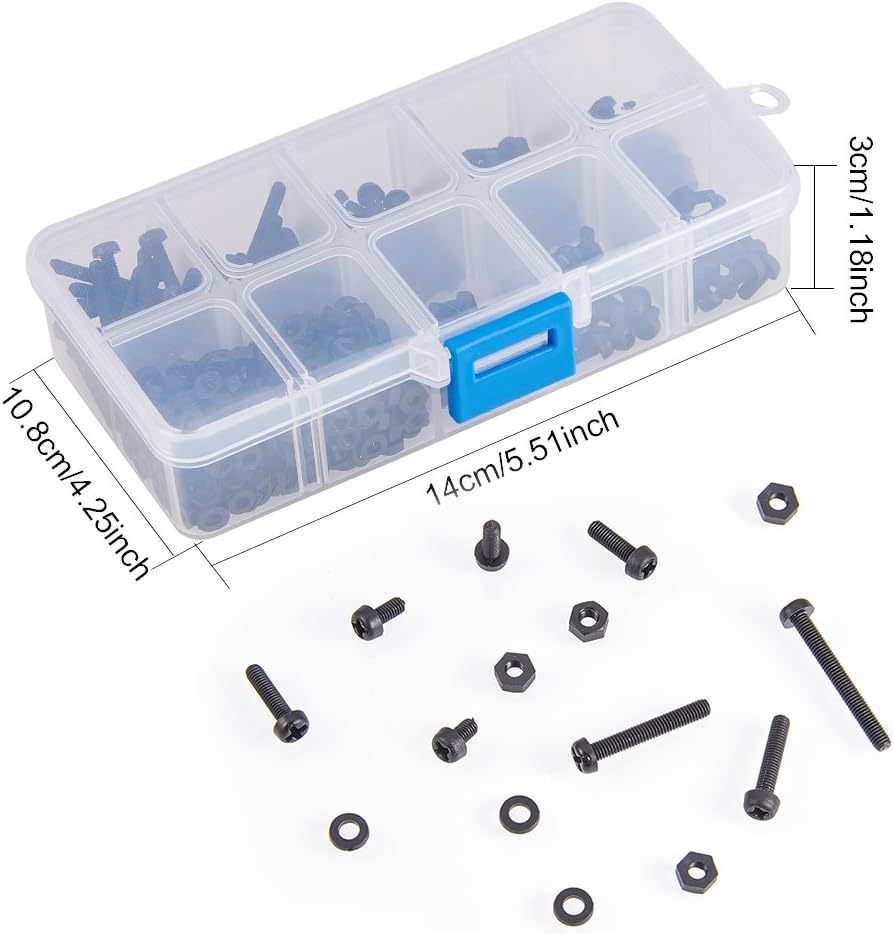 INCREWAY M3 x 5/6/8/10/12/15/20/25mm Nylon Black Screw/Nut/Washer Assortment Kit,480pcs, 8 Sizes - Image 5