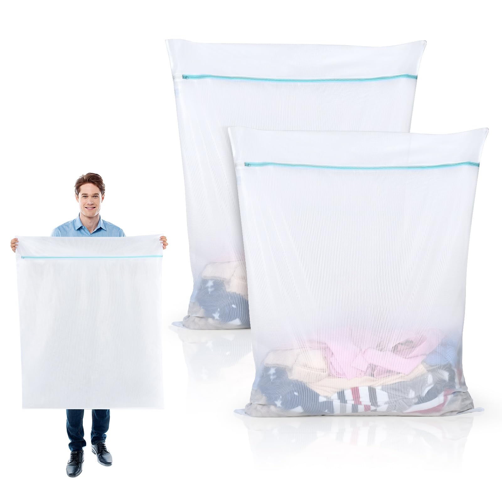 OTraki Large Fine Laundry Bags, 2 Pack 35 x 43 inch Mesh Laundry Bag Extra Large Delicates Wash Bag Zipped XXL Laundry Bags for Washing Machine Bedding Blanket Sheet Quilt Curtain(Blue)