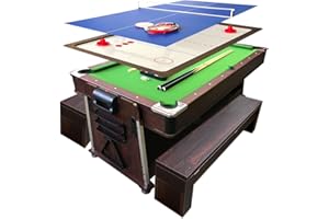 7Ft Green Pool Table with Benches 4 in 1 Model Mattew + Tennis Table Tennis + Air Hockey + Dinner Table