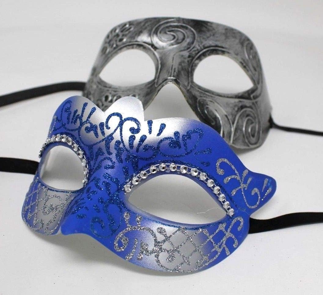 HIS N HERS PAIR OF CO-ORDINATED SILVER & BLUE COUPLES VENETIAN MASQUERADE CARNIVAL PARTY BALL EYE MASKS, Silver Blue, 8cm deep - Image 5