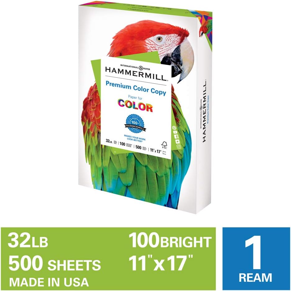 Hammermill Premium Color Copy 32lb Copy Paper, 11 x 17, 1 Ream, 500 Sheets, Made in USA, Sustainably Sourced From American Family Tree Farms, 100 Bright, Acid Free, Color Copy Printer Paper, 102660R, White