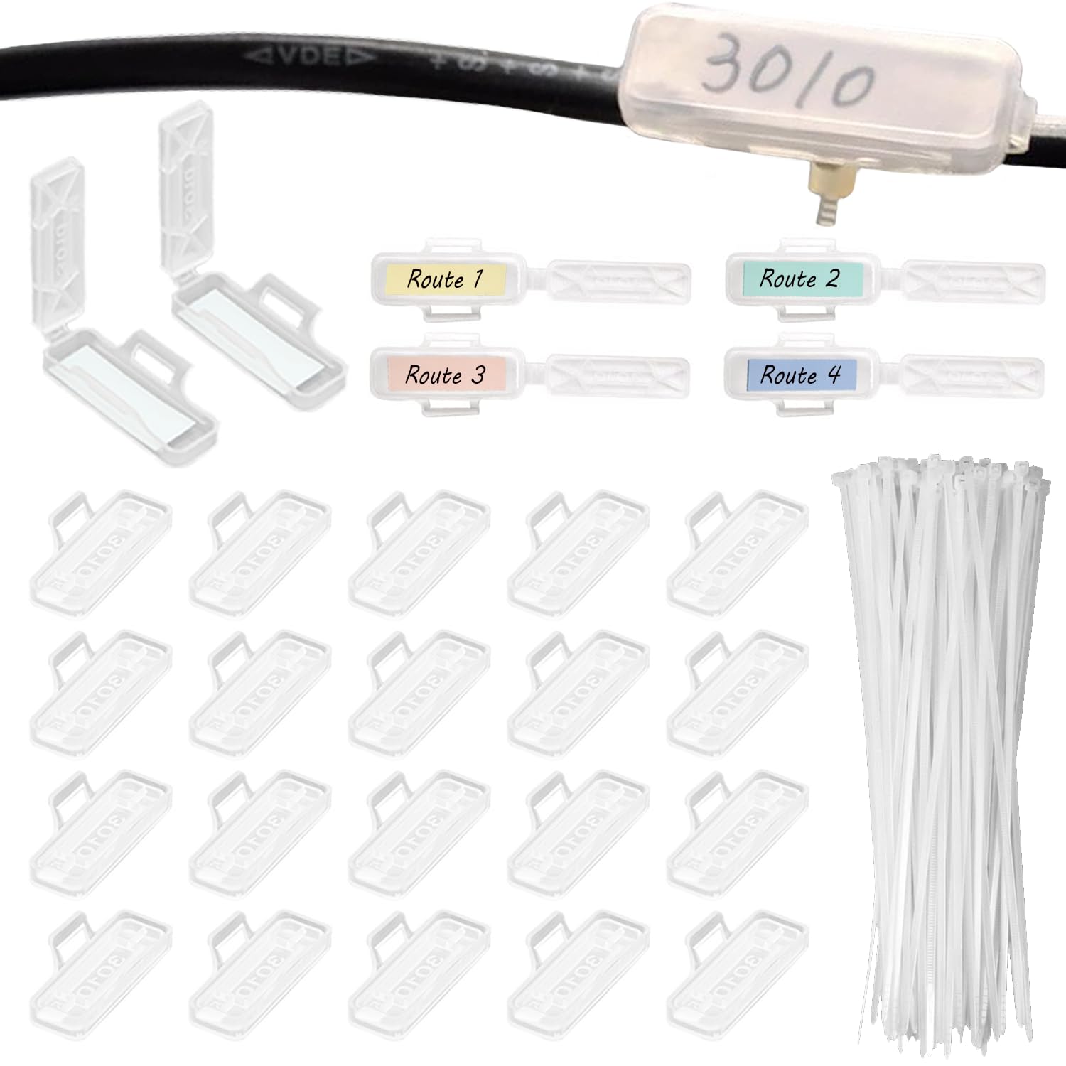 RHQFDM 50Pcs Transparent Cable Labelling Clips,Waterproof Cable Labelling Identification Box with 50Pcs Nylon Cable Ties,for Label Management and Identification(3010)