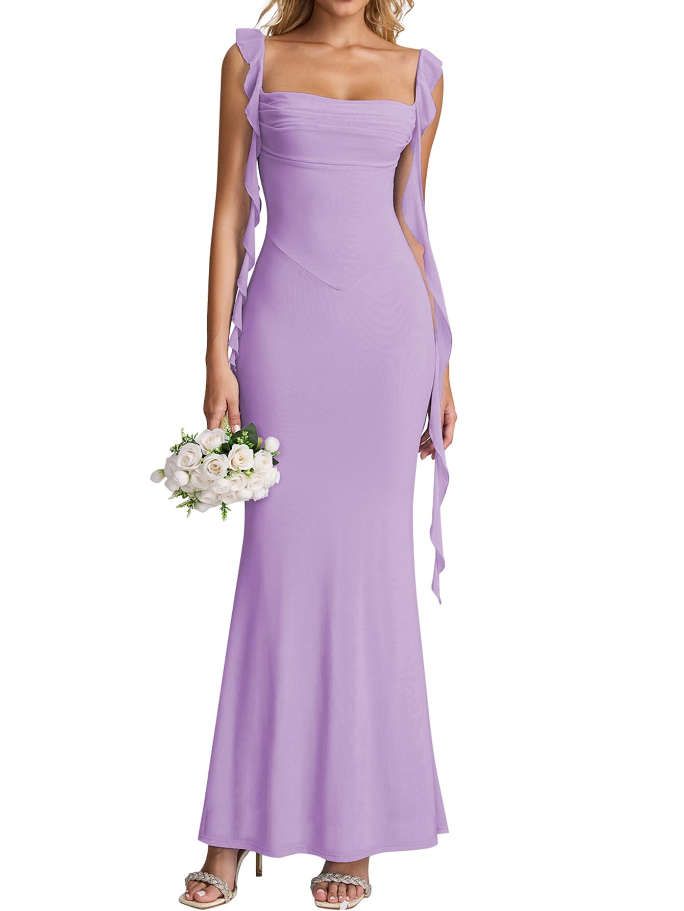 Photo 1 of KUTUMAI Elegant Long Formal Wedding Guest Dresses for Women Ruffle Bodycon Cocktail Party Maxi Dress Lavender M