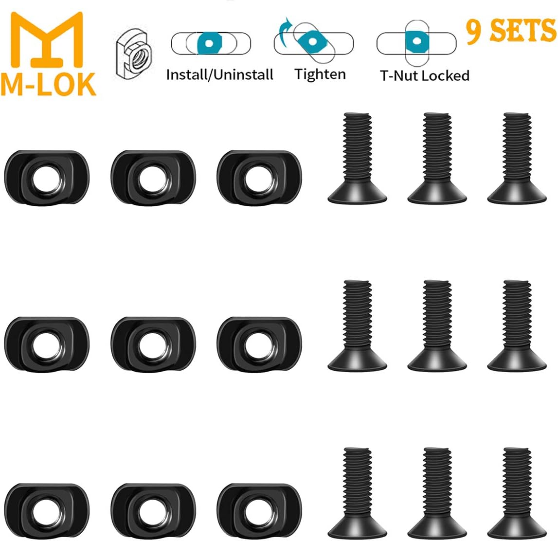 VIAKEY Mlok T-Nut Screw Replacement Set with 3 Allen Wrench, M-lok Rail Mount Long Screws & Nuts Accessories Hardware for Standard M LOK System, Set of 9 : Sports & Outdoors
