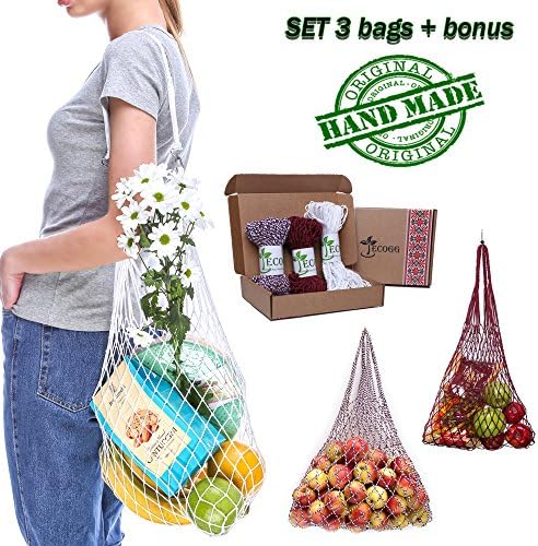 HANDMADE String bag Reusable Bag Cotton Net Bag Set Organic Grocery Cotton Mesh Bags in 8 Color Variations with Hooks for Shopping Beach Sport (White, Cherry and White, Cherry)
