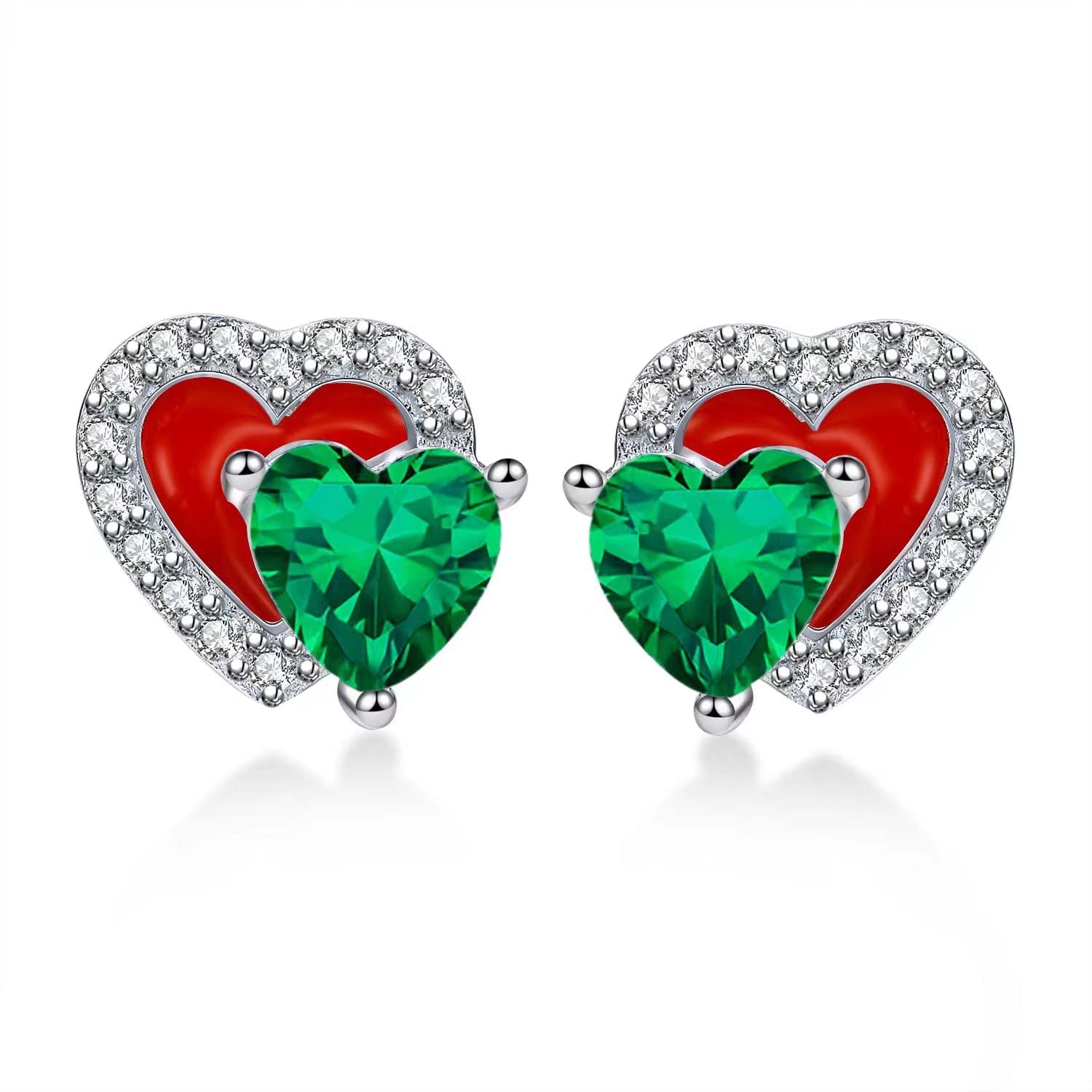 Qings May Birthstone Emerald Stud Earrings Sterling Silver Dainty Red Enamel Love You Forever Green Heart-shaped CZ Gemstone Cubic Zirconia Jewelry Gifts for Girls Wife