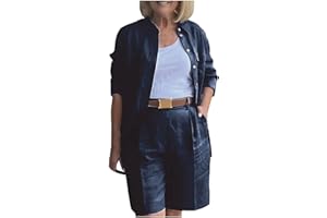 ZHYAJ Casual 2 Piece Outfits Linen Blazer Shorts Set for Women Plus Size Solid Color Pants Suits with Pockets