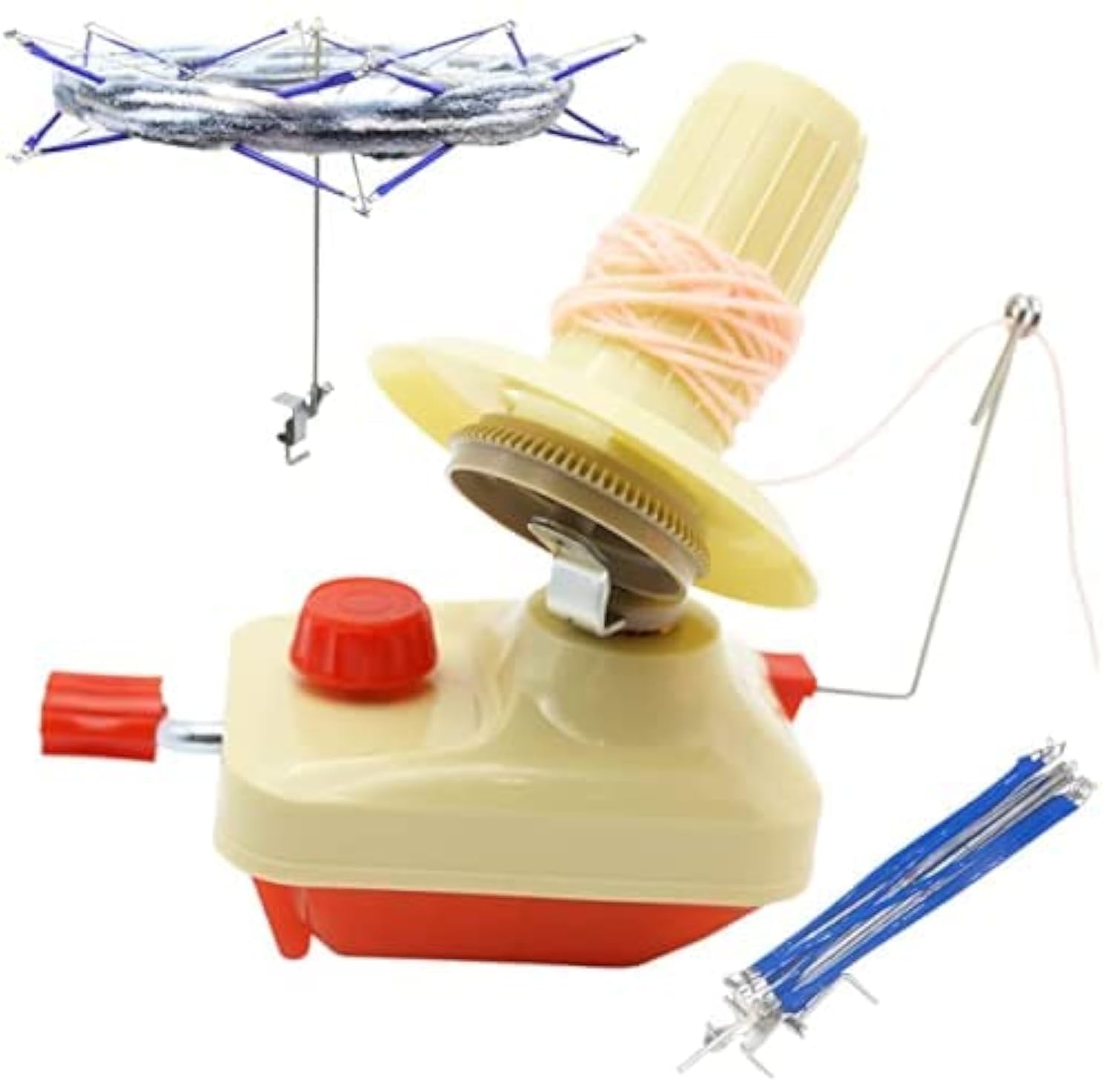 LAMXD Needlecraft Yarn Ball Winder Hand Operated,Red,Portable Package,Easy to Set Up and Use,Sturdy with Metal Handle and Tabletop Clamp,Including Umbrella Swift Yarn Winder Set