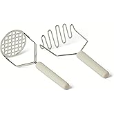 Amazon Basics Potato Mashers, 2-Piece Set, Stainless Steel, Soft Grip Handle, Dishwasher-Safe, Linen Gray