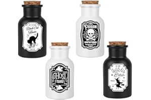 SARYBEI Halloween Decorations for Home - Set of 4 Apothecary Potion Bottles with stickers - Scary Witch Poison Ghosts Black Cat Farmhouse Tiered Tray Decor For Home Table Party Supplies