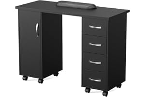 OMYSALON OmySaon Manicure Table Nail Desk w/Cabinet, Drawers, Wheels & Wrist Rest, Spa Salon Beauty Home Wooden Technician Workstation Nail Art Equipment for Nail Tech, Black