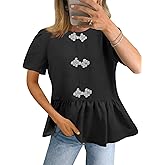 Falechay Women's Tunics Babydoll Top Short Sleeve Summer Tops Crew Neck Ruffle Pleated Blouse Tee Shirts