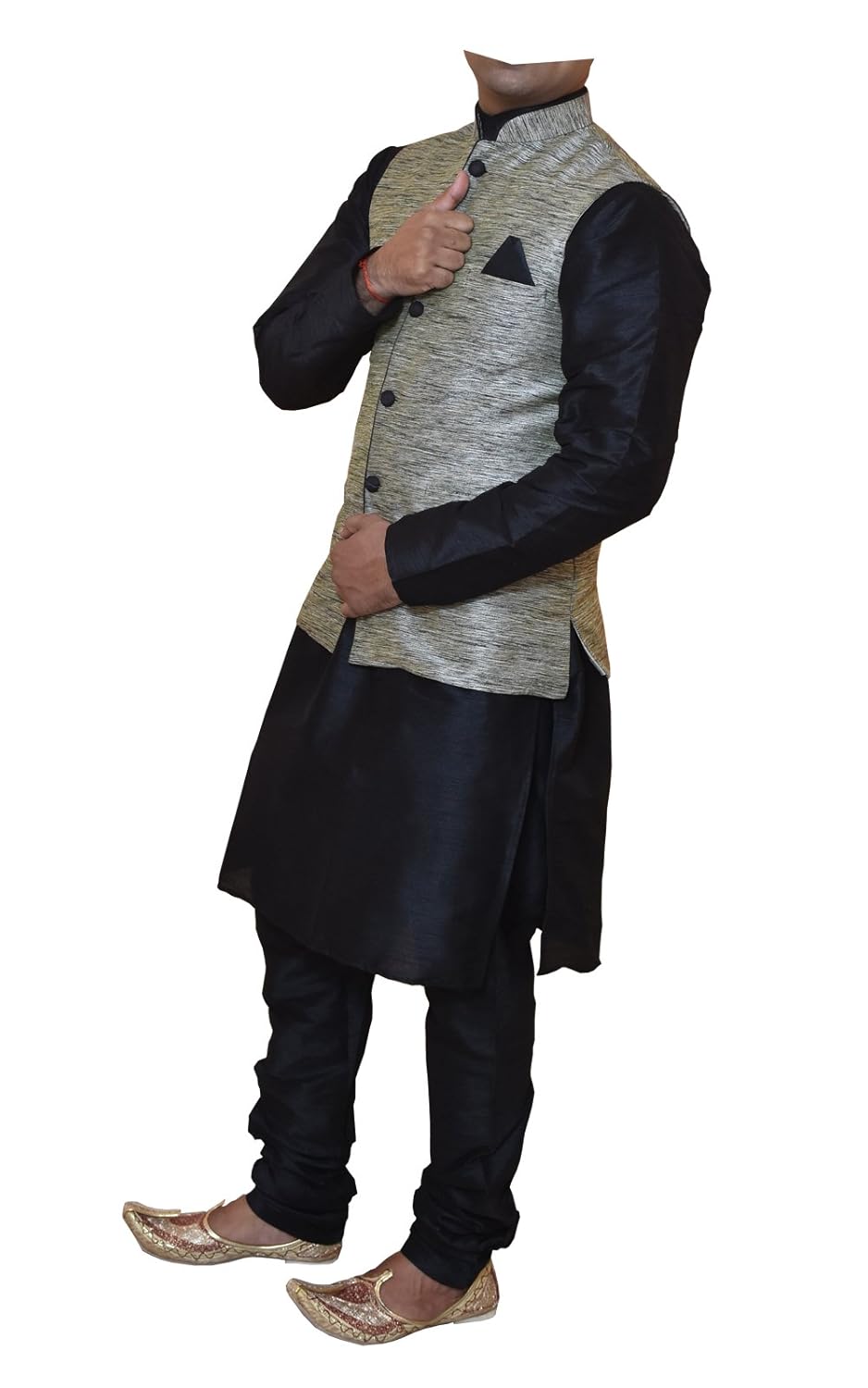 modern garments men's black dupioni silk kurta pyjama & waistcoat