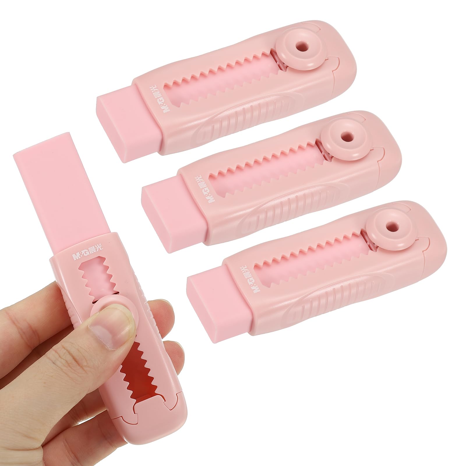 M&G 4 Pack Erasers, Pink Sliding Retractable Eraser Push Pull Cute Pencil Erasers Soft Large Easy to Clean with Plastic Sleeve for Sketching Drawing Artists Teacher Pencils, Pink