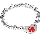 LiFashion LF Stainless Steel ICE SOS Customised Personalized Medical Alert Heart Charm Link Bracelet Rolo Chain Medical Alert Bracelet Monitoring for Men Women,Free Engraving