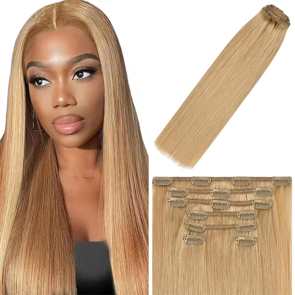 Photo 1 of 14 Inch #27 Honey Blonde Straight Clip in Human Hair Extensions 120g 7pcs Seamless Invisible Double Weft Blonde Clip ins Straight Hair Extensions for Women