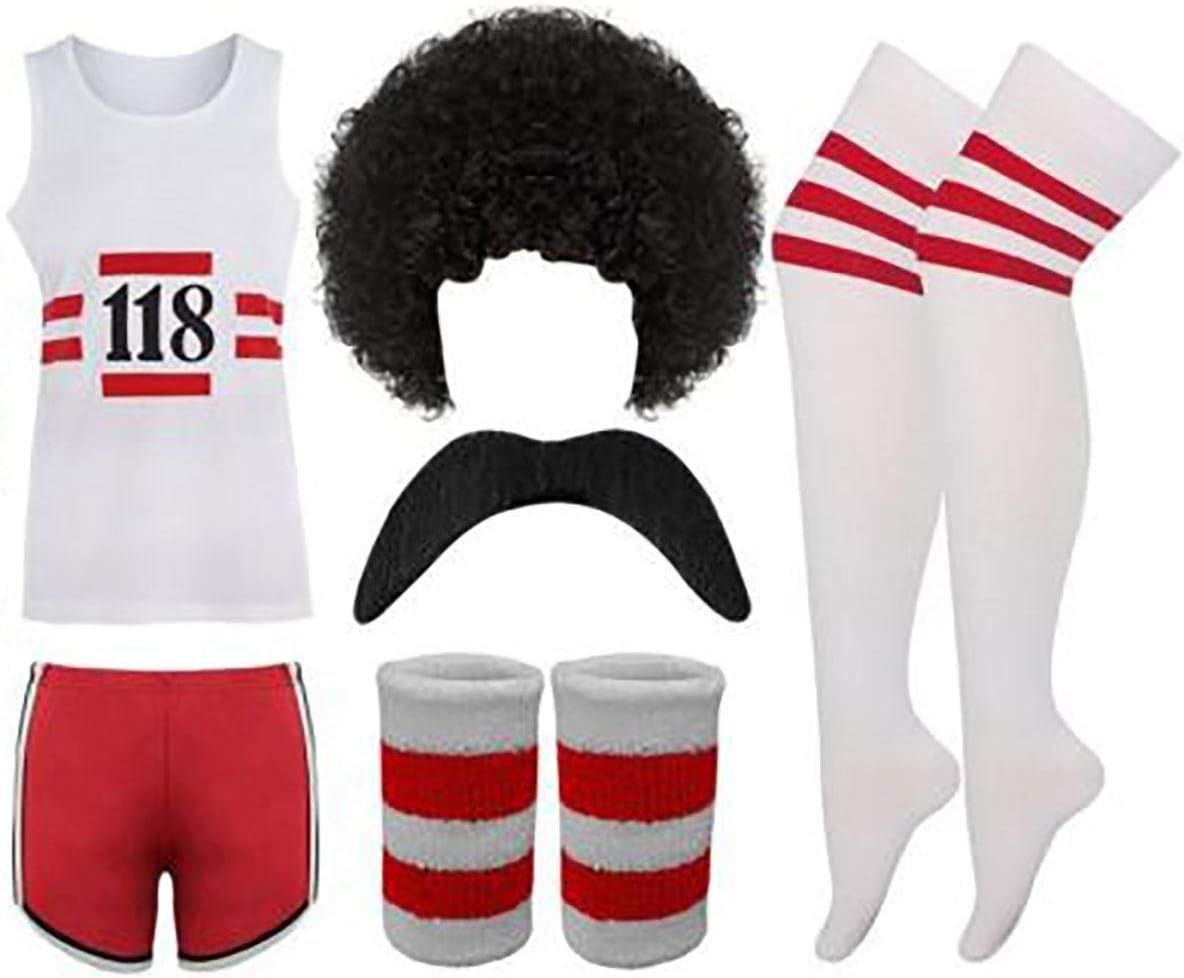 RIDDLED WITH STYLE 118 Fancy Dress Mens Ladies Costume Complete Set Marathon Retro Outfit Fancy Dress Costume Do Stag Marathon Vest Shorts Wig Tash Wristband Lot