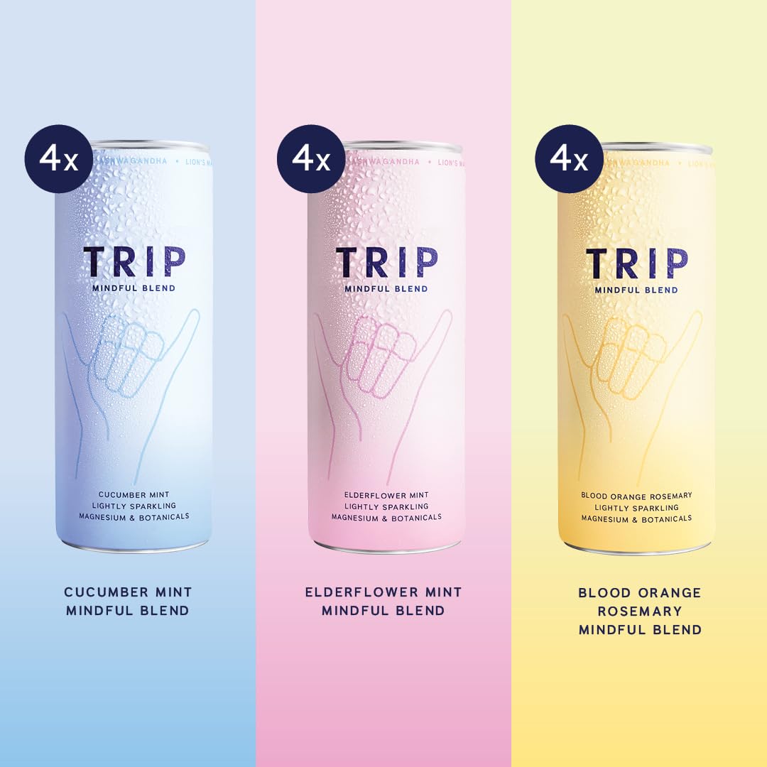 TRIP Mindful Blends - Mixed Pack Sparkling Drink with 1440MG Magnesium + Lion’s Mane + Chamomile + Lemon Balm. Low Calorie and Vegan (Pack of 12 x 250ml)
