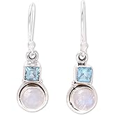 NOVICA Handmade .925 Sterling Silver Garnet Dangle Earrings Square Circular from India Gemstone [1.1 in L x 0.3 in W x 0.2 in D]