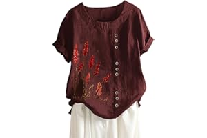 KICILVS Womens Summer Tops Casual Cotton Linen T-Shirts Short Sleeve Round Neck Shirt Oversized Floral Graphic Tees