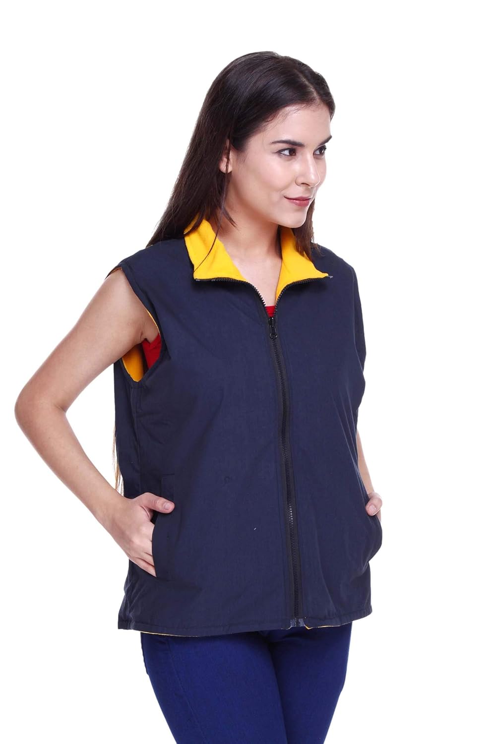 rt buik womens reversible sleeveless jacket_yellow_navy