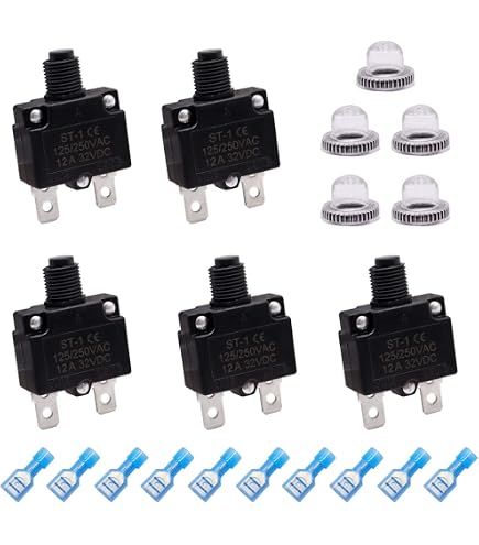 Swpeet 40-Piece Thermal Circuit Breaker Assortment – 5A To 30A, Waterproof Button Caps, 19cm Wire Leads & Female Spade Terminals, 32V DC / 125-250V AC