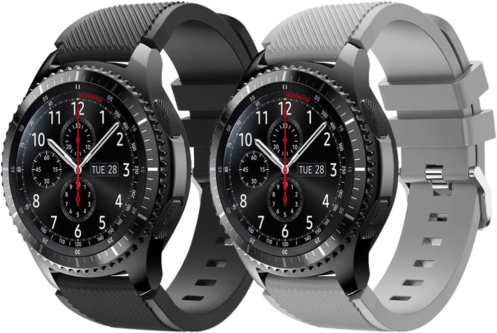 Vozehui Compatible Strap for Samsung Gear S3 & Galaxy Watch 46mm - 22mm Silicone Sports Band, Black+Grey, 22 millimeters