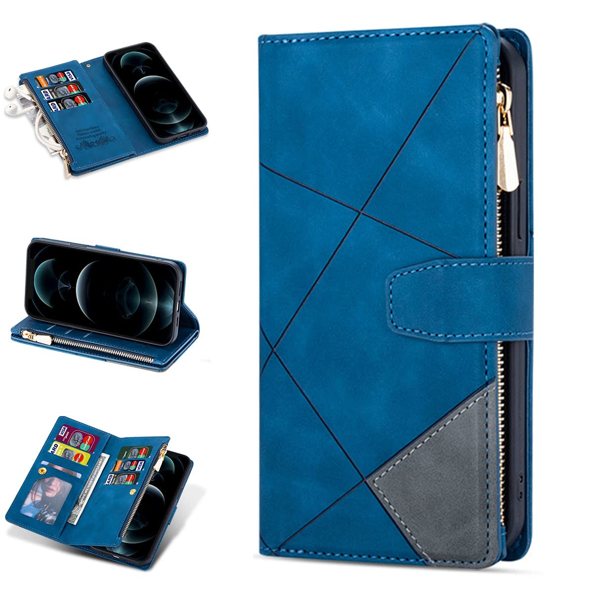 ZCDAYE Wallet Case for Samsung Galaxy S21 Case with 9 Card Slots Zipper Pocket Handbag Wristlet Folio Flip Cover for Samsung Galaxy S21-Blue