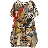 FTCayanz Women's Casual Midi Dresses Short Sleeve Loose Print T Shirt Dress with Pockets
