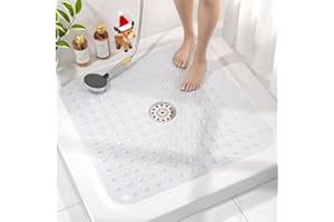 HITSLAM Shower Bathtub Mat Non Slip, 24"x 24" Bath Mat for Tub, Soft PVC Shower Mats for Inside Shower with Suction Cups and Center Drain Hole, Machine Washable Bathroom Floor Mat, Clear