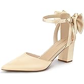 LOOPCHARM Womens Closed Pointed Toe Heels with Bow Low Chunky Block Heel Ankle Strap D'Orsay Pumps Bridal Wedding Dress Shoes