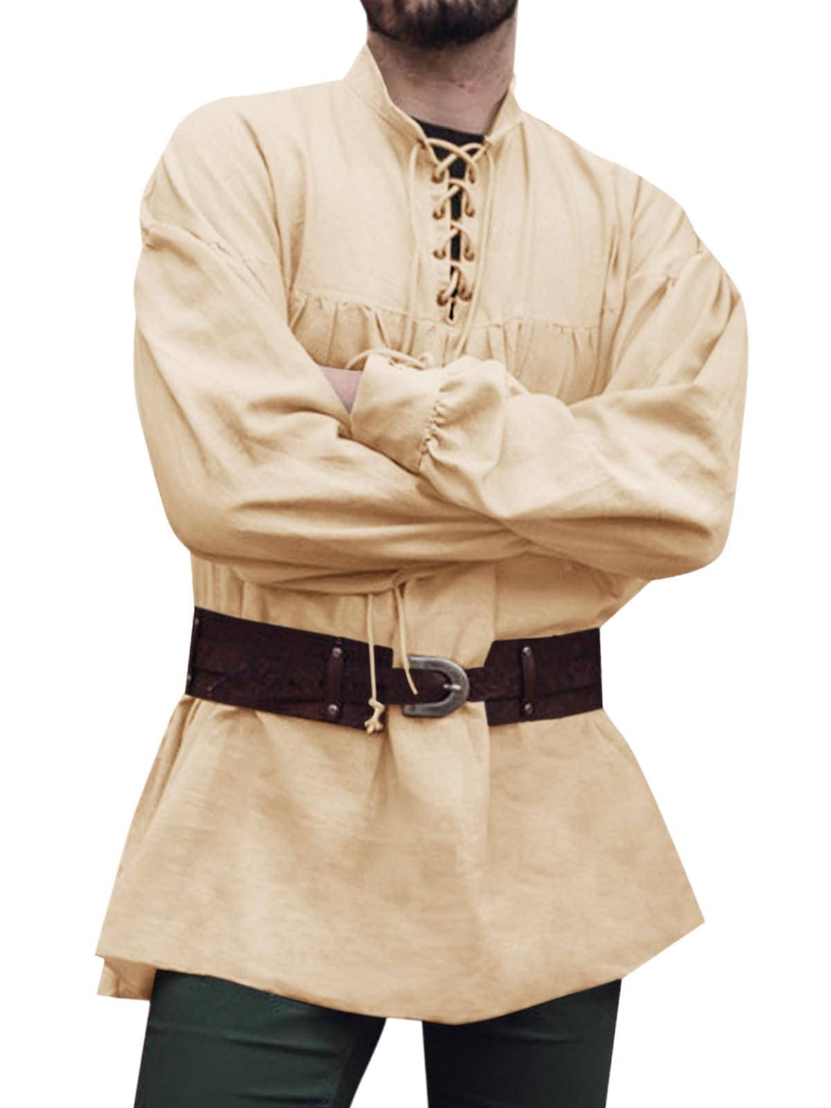 Runcati Medieval Shirt Men's Pirate Shirt Long Sleeve Steampunk Viking Renaissance Victorian Halloween Costume Shirt Tops, beige, XXL