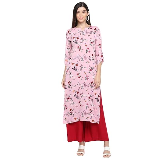 Womens Pink Crepe Printed Straight Calf Length Kurti
