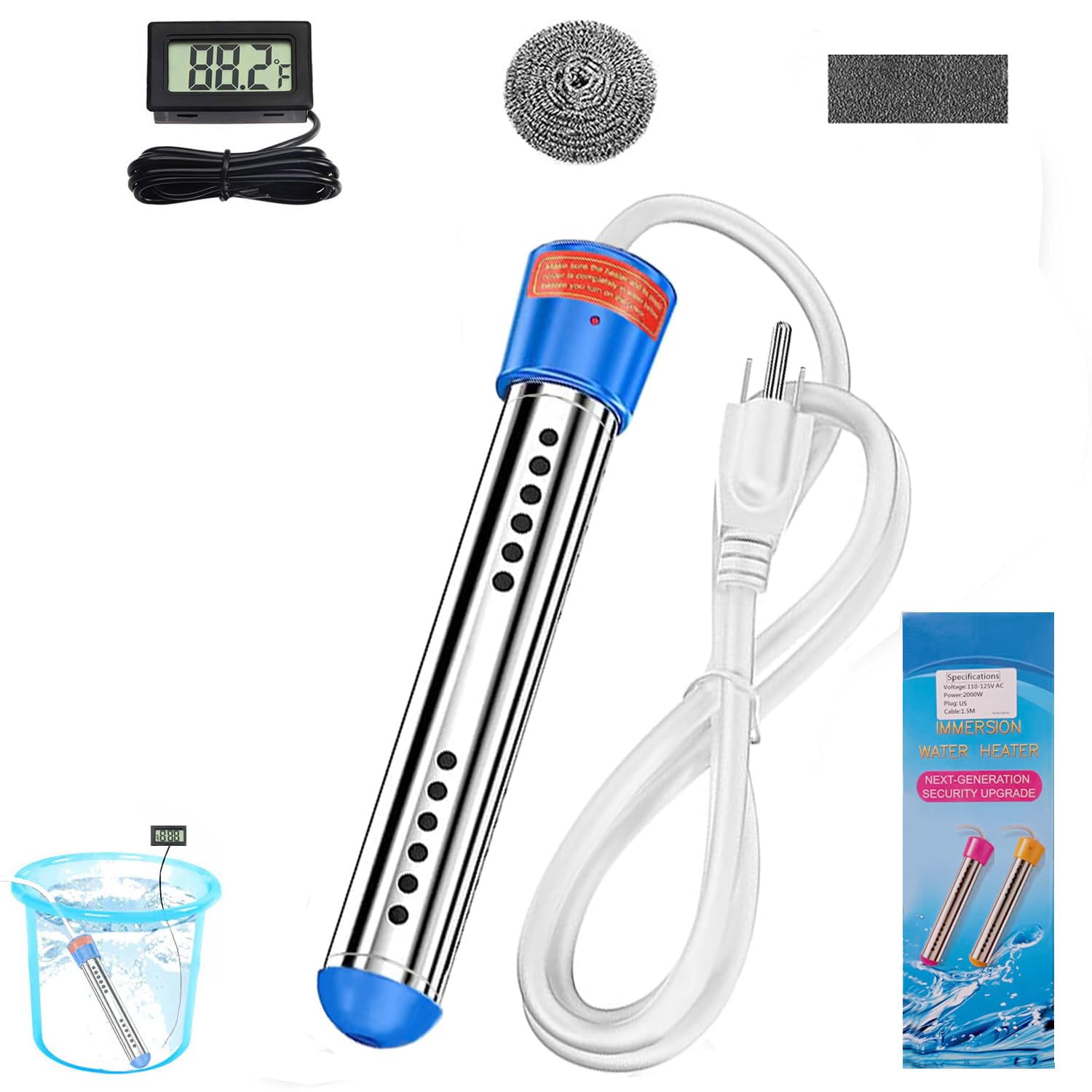 Photo 1 of 2000W Immersion Water Heater,Portable Bucket Heater with Digital LCD Thermometer,Submersible Water Heater for Pool& Bathtub,UL Listed