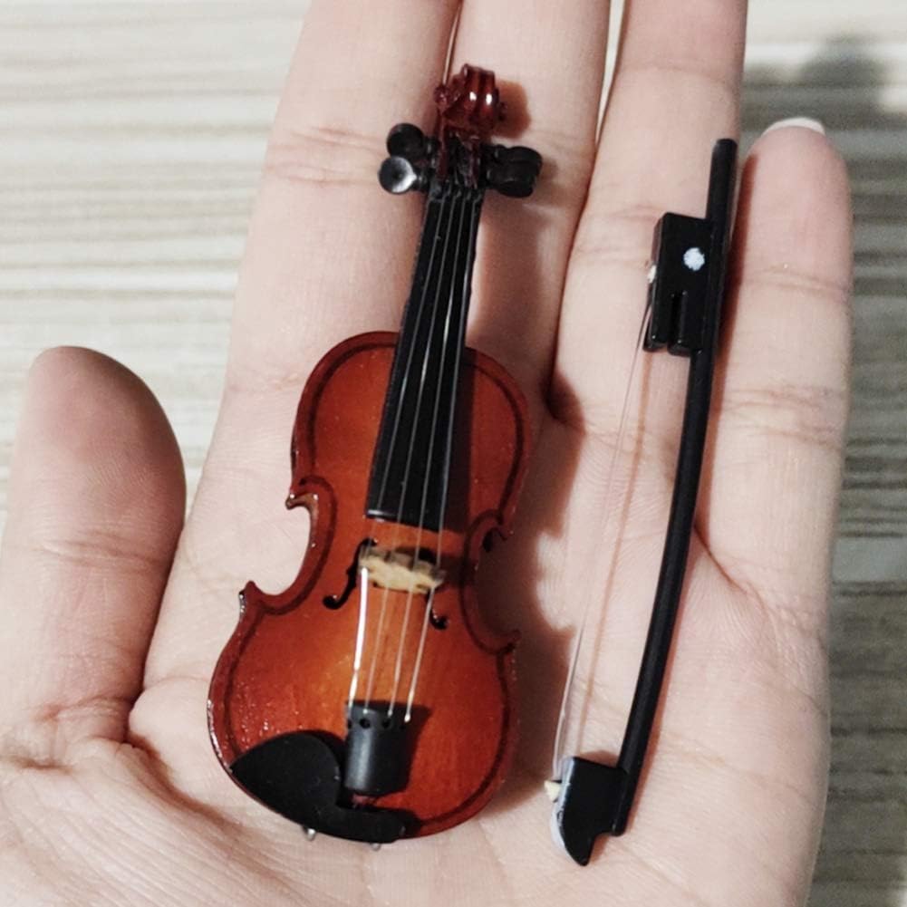 Hztyyier 8cm Miniature Violin Wooden Instrument Model with Stand, Bow