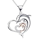 Angel caller Dolphins Jewelry 925 Sterling Silver Two-Tone Eternal Love Double Heart Dolphin Pendant Necklace for Women (Rose Gold Dolphin Necklace 18'')