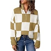 Dokotoo Womens Half Zipper Sweater Long Sleeve Waffle Knit Casual Tops for Women Fashion 1/4 Zipper Pullover Chunky Striped Sweaters Fall Winter Outfits Clothes X-Large Brown-White
