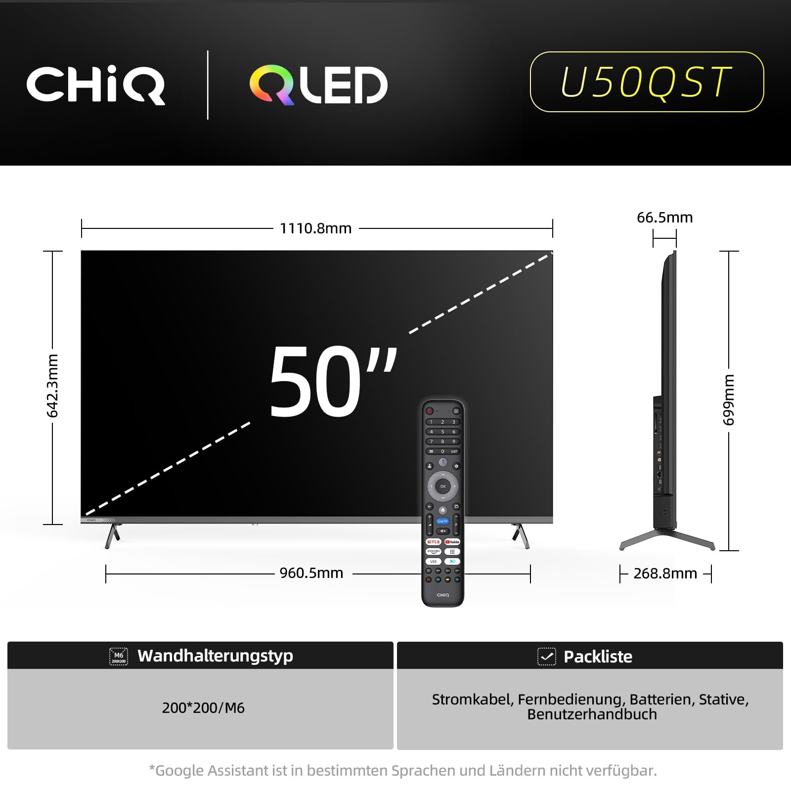 CHIQ 50 Zoll (127 cm) 4K UHD Smart Google TV, HDR10, MEMC, kompatibel mit Apple AirPlay & Google Sprachsteuerung, mit ALLM & VRR, Dolby Audio, Prime Video, YouTube, 2026 U50QST 2