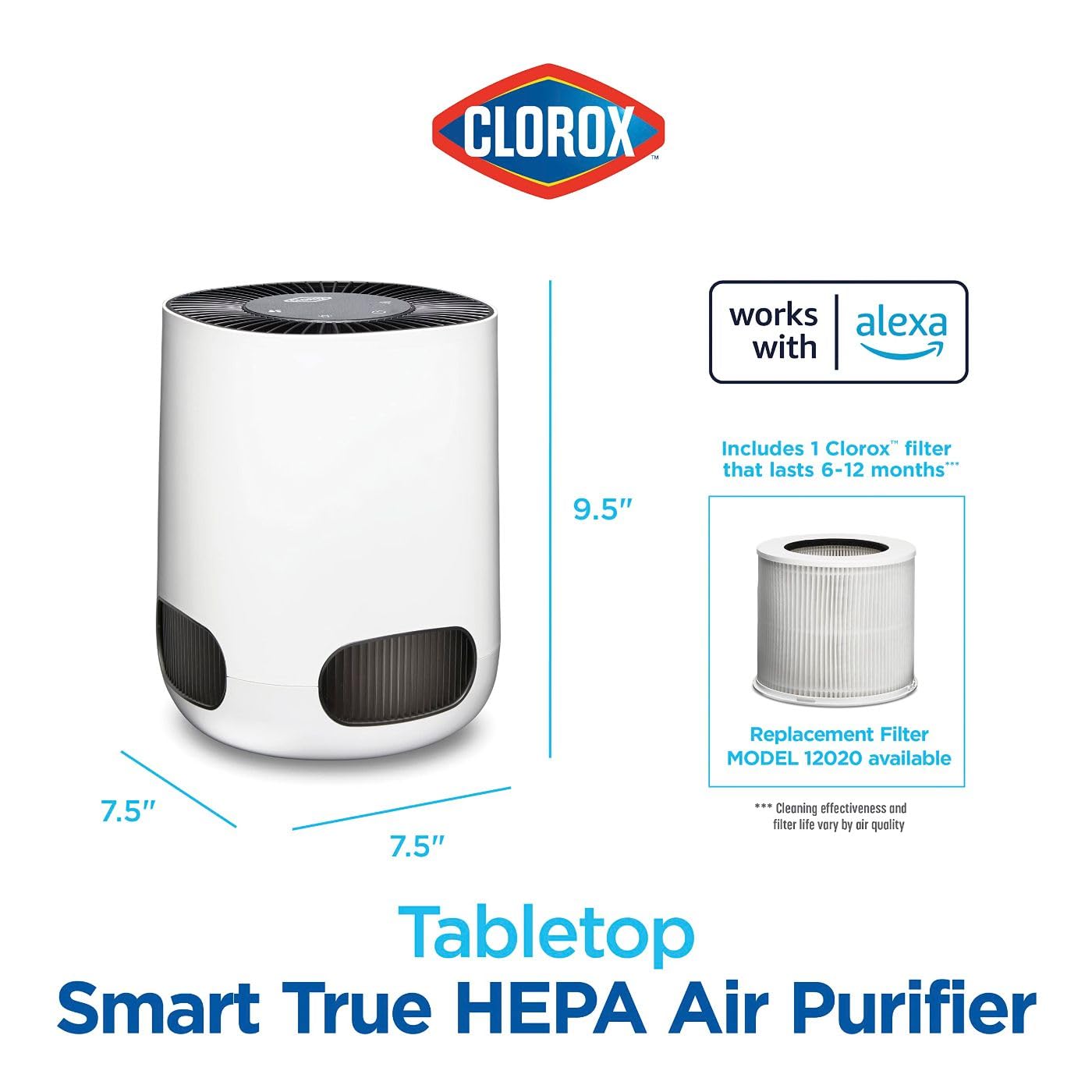 Clorox Smart Air Purifiers for Bedroom Home, True HEPA Filter, Works with Alexa, Small Rooms up to 200 Sq Ft, Removes 99.9% of Viruses, Wildfire Smoke, Mold, Allergies, Dust, AUTO Mode, Whisper Quiet