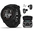 Wearable4U - Garmin Instinct Solar Tactical Edition Premium GPS Smartwatch with Included Ultimate Black Earbuds with Charging Case Bundle (Black)
