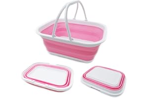 SAMMART 15.5L (4.1 Gallons) Collapsible Tub with Handle - Portable Outdoor Picnic Basket/Crate - Foldable Shopping Bag - Space Saving Storage Container (Pink)