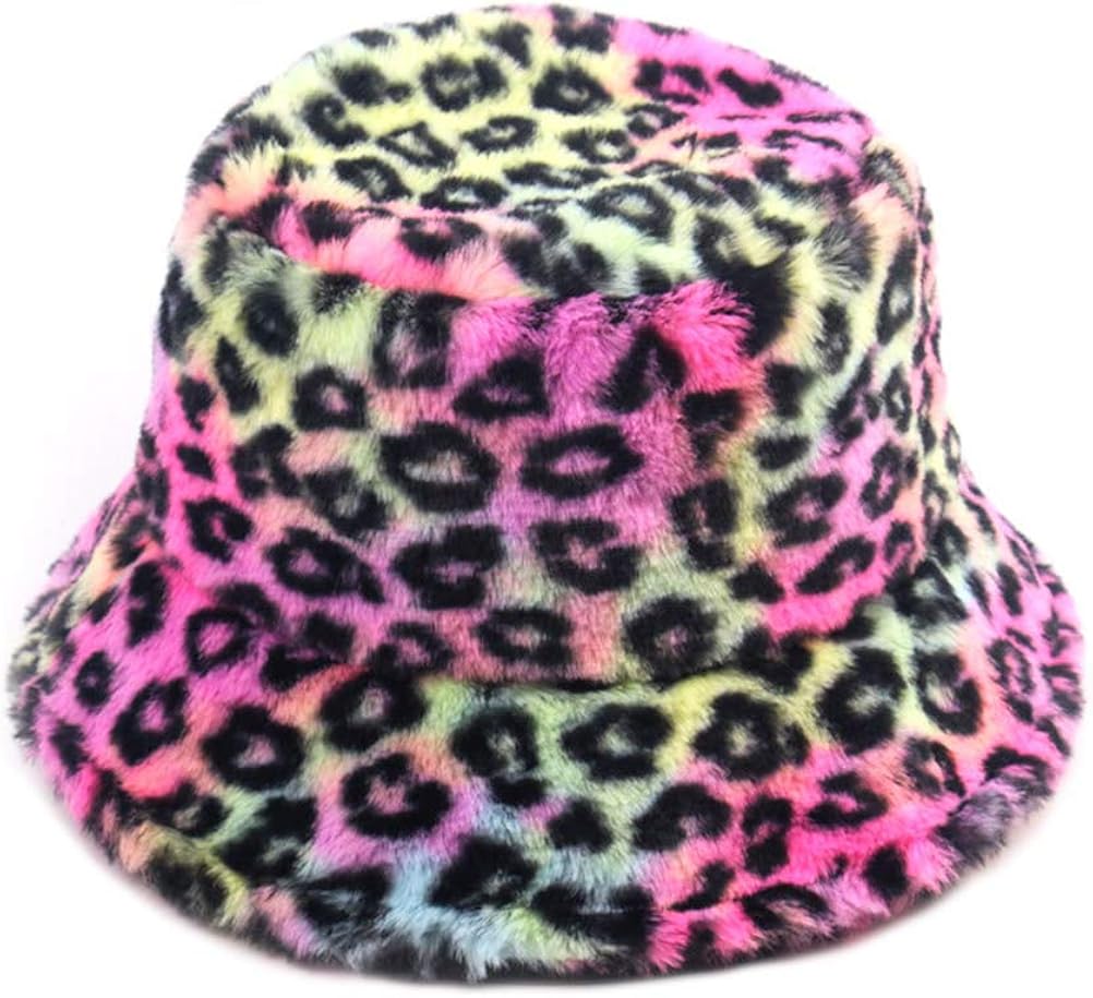 Women's Leopard Print Tie Dye Rainbow Faux Fur Bucket Hat Fluffy Winter