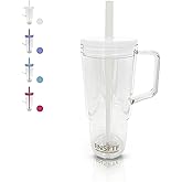 40oz Insulated Clear Tumbler with Handle and Lid & Straw, Reusable Travel Mug for Cold and Hot Drinks, Double-Wall Plastic Water Bottle | Crystal-Clear | Car Cup Holder Fit | Leakproof | BPA-Free