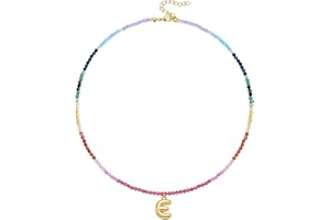 KissYan Beaded Initial Necklace for Women, 14K Gold Plated Bubble Letter Pendant Gemstone Rainbow Choker Colorful Summer Beac