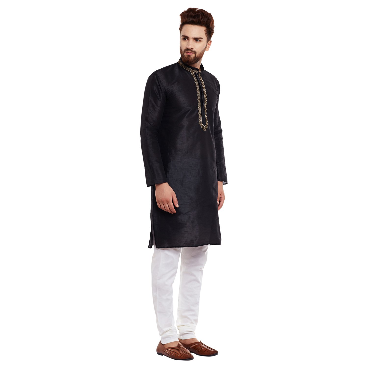 sojanya (since 1958) men's dupion silk kurta & churidaar pyjama with front embroidery