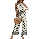CHICME Womens Summer 2 Piece Boho Outfits Sleeveless Halter-Neck Top and Elastic Waist Wide Leg Pants Vacation Set