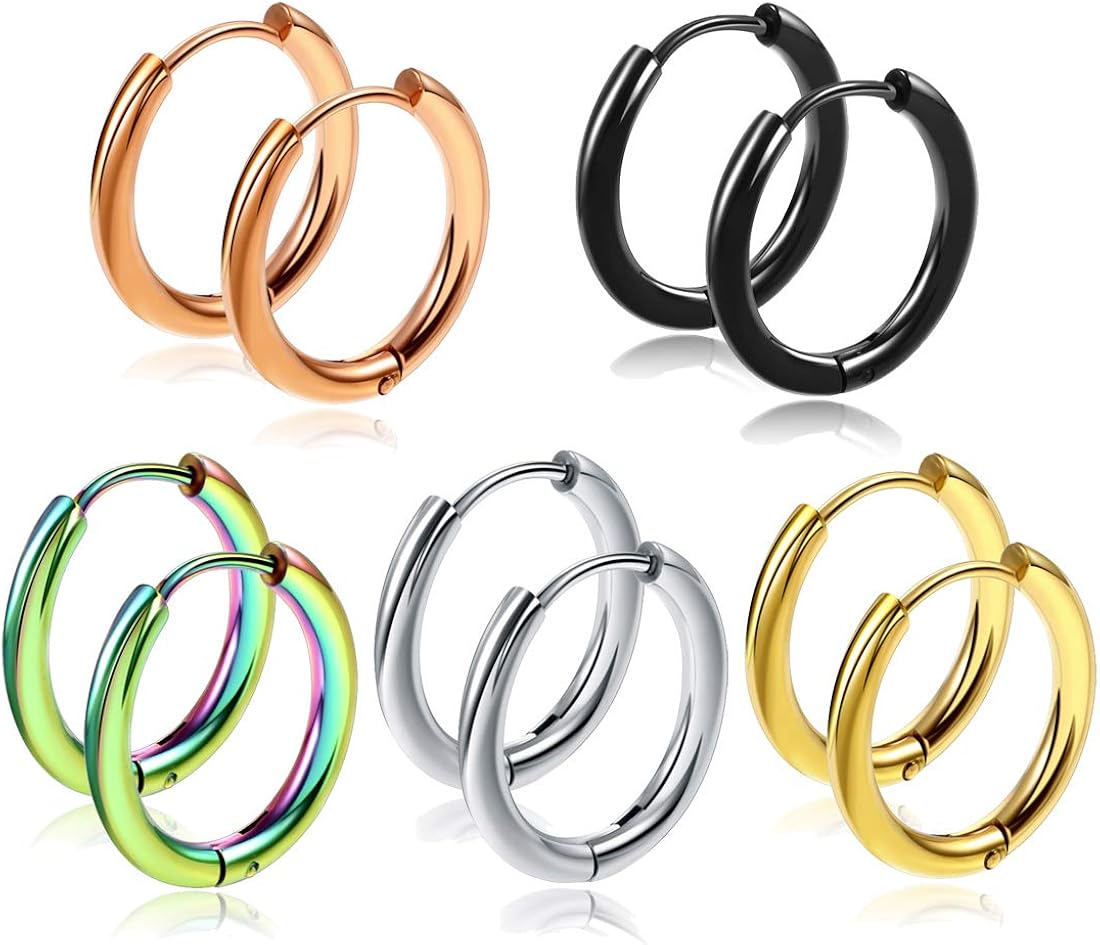 5 Pairs 316L Surgical Stainless Steel Huggie Hoop Earrings 8-20mm Hypoallergenic Hinged Small Hoop Piercing Earrings Set Cartilage Helix Lobes Hinged Sleeper Earrings for Men Women