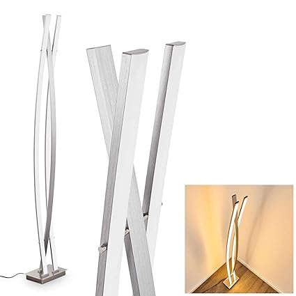 LED Stehleuchte Nasko aus Metall in Nickel matt – auffällige Standlampe mit 3 gebogenen Lichtleisten für Büro – Wohnzimmer – 