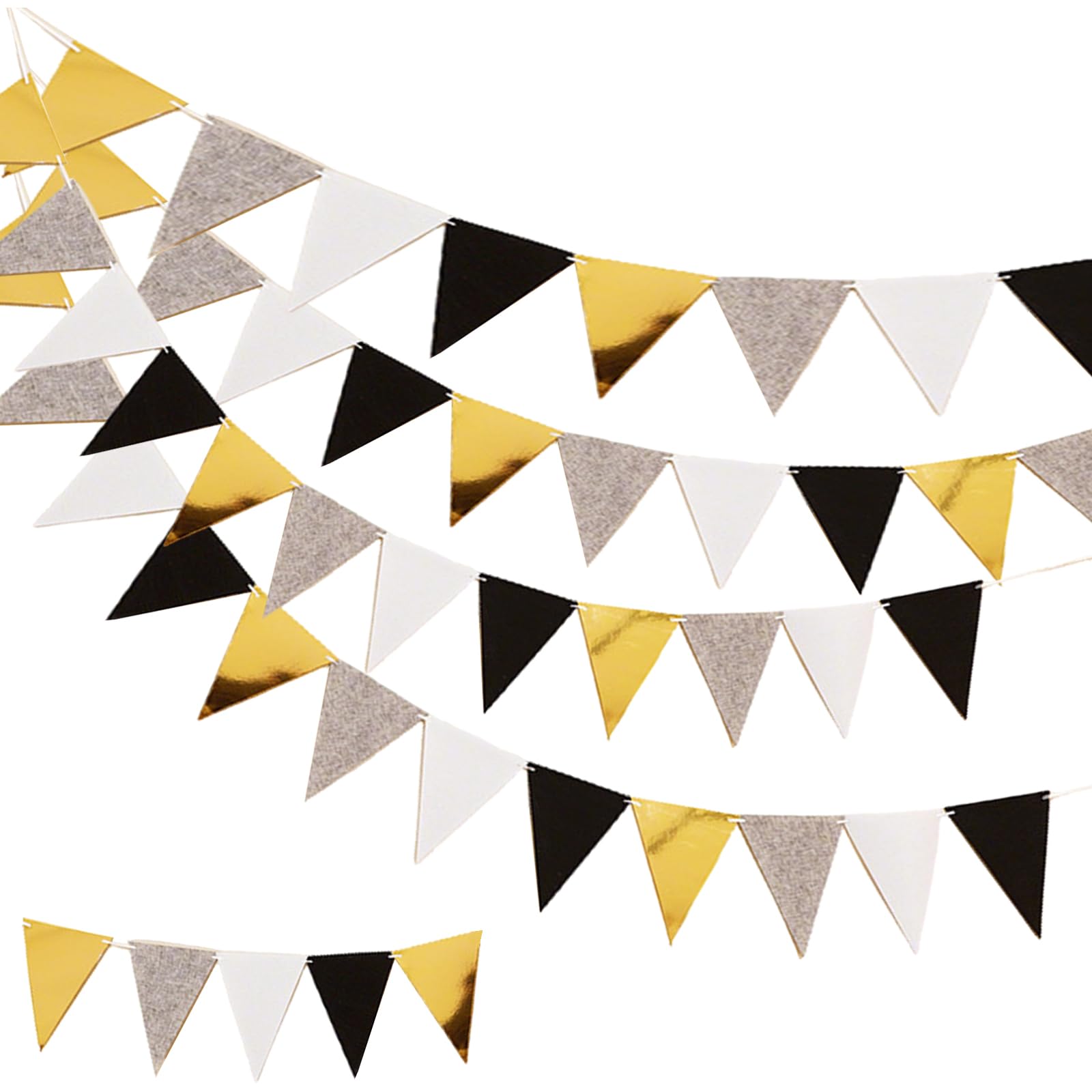 Flomiara 3 pairs Black Gold White Bunting Banner Party Decorations, Fabric Triangle Flag Pennant Garland Streamers for Birthday Wedding Baby Bridal Shower Anniversary Outdoor Garden Hanging Decoration