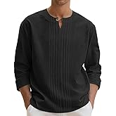 Men's Linen Shirts Casual Long Sleeve Pleated Front T-Shirt Button Henley Collared Loose Lightweight Pullover Top